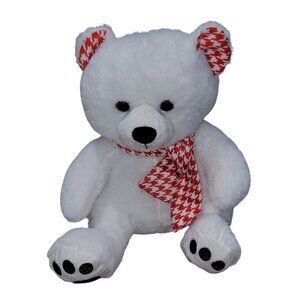 Polar Bear 17 inch Plush Teddy White Red Gingham Bow Ears Stuffed Animal Toy